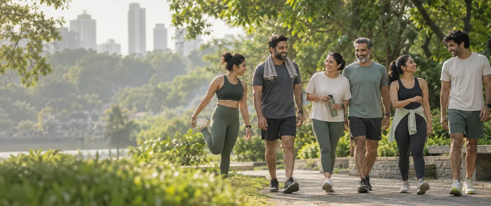Group walking together after exercise in a sunlit park.