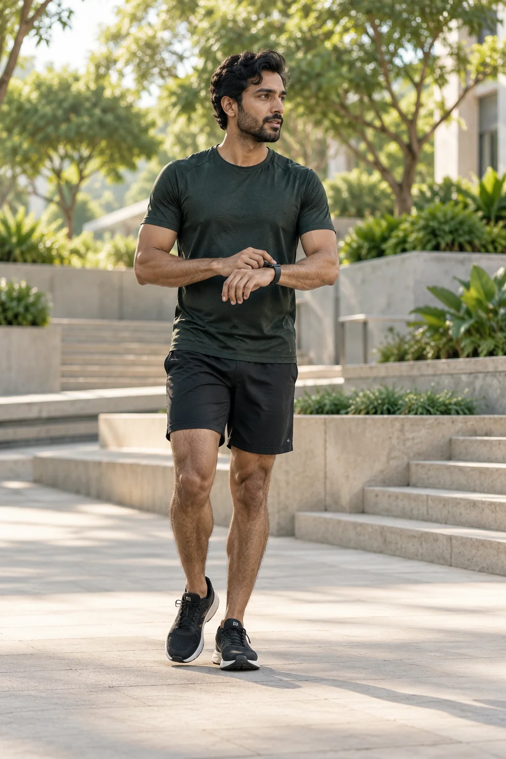 Man taking a pause after a run in a green outdoor exercise space.