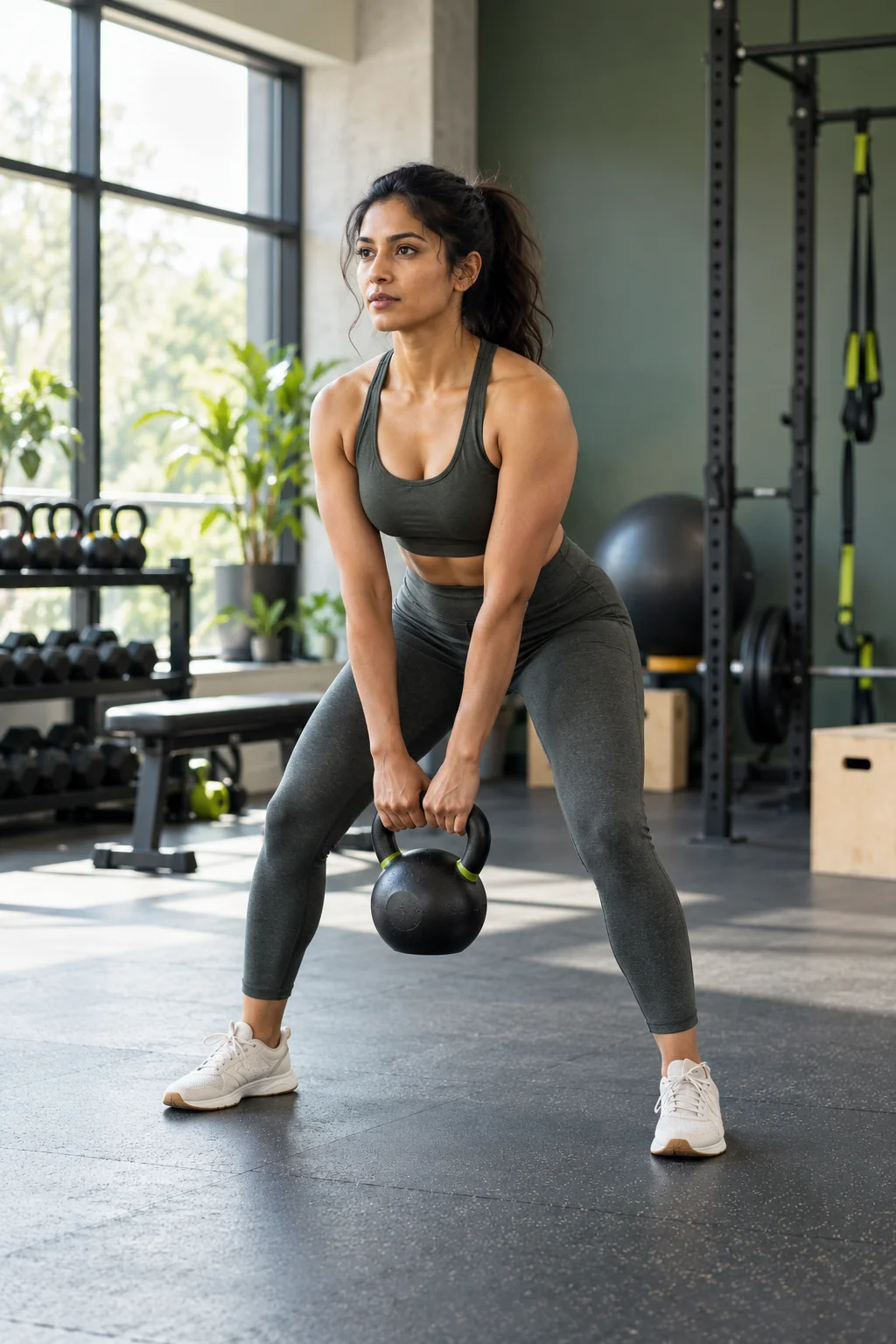 Woman preparing for a kettlebell exercise in a naturally lit gym.